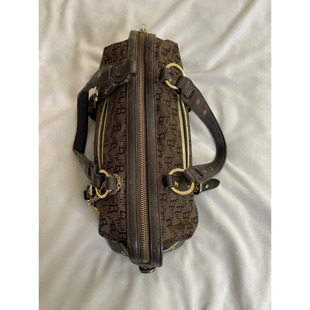 Bonia Monogram Canvas Satchel Bag Brown Leather Trim Gold Hardware Studded